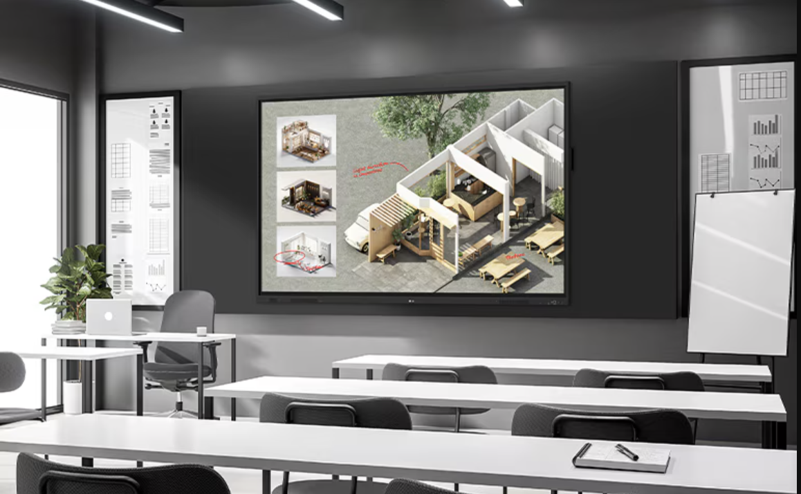 課程在教室中進行，而掛在教室牆上的 LG CreateBoard 正在顯示課堂教材，同時在學生的平板電腦上分享。