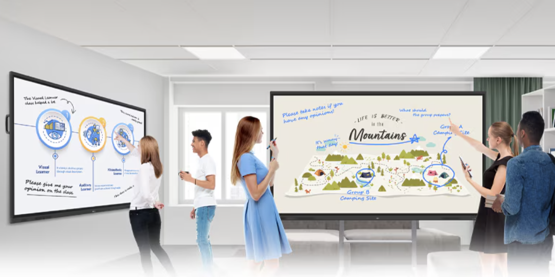 學生正在使用 LG CreateBoard 選單上使用各種直尺模型解題。