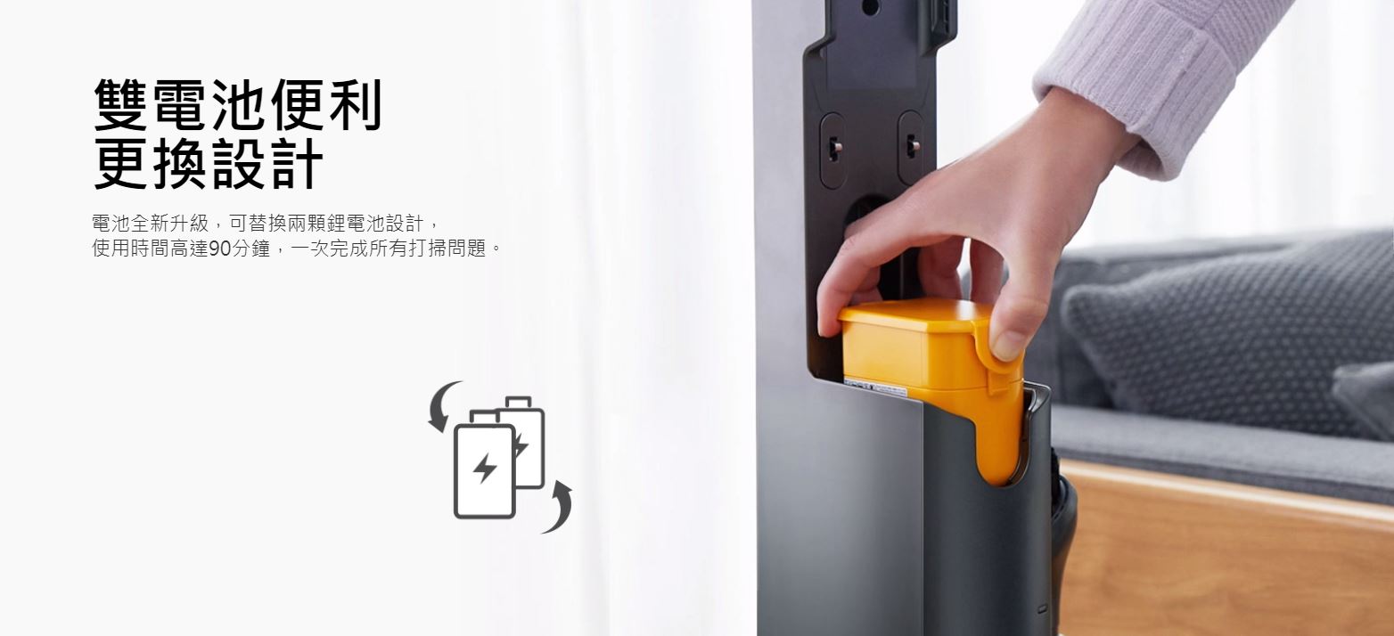 雙電池便利 更換設計 電池全新升級,可替換兩顆鋰電池設計, 使用時間高達90分鐘,一次完成所有打掃問題。