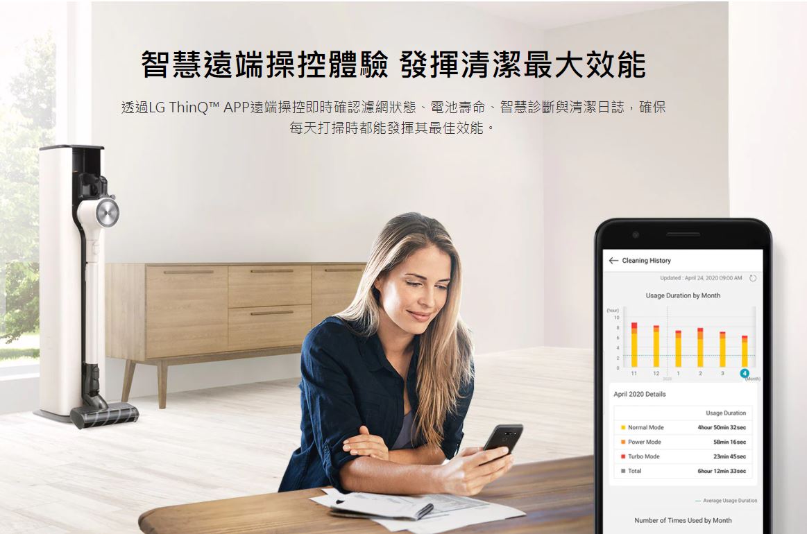 透過LG ThinQ™ APP遠端操控即時確認濾網狀態、電池壽命、智慧診斷與清潔日誌，確保每天打掃時都能發揮其最佳效能。