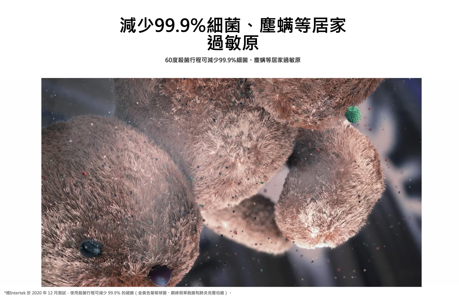 減少99.9%細菌、塵螨等居家過敏原 60度殺菌行程可減少99.9%細菌、塵螨等居家過敏原