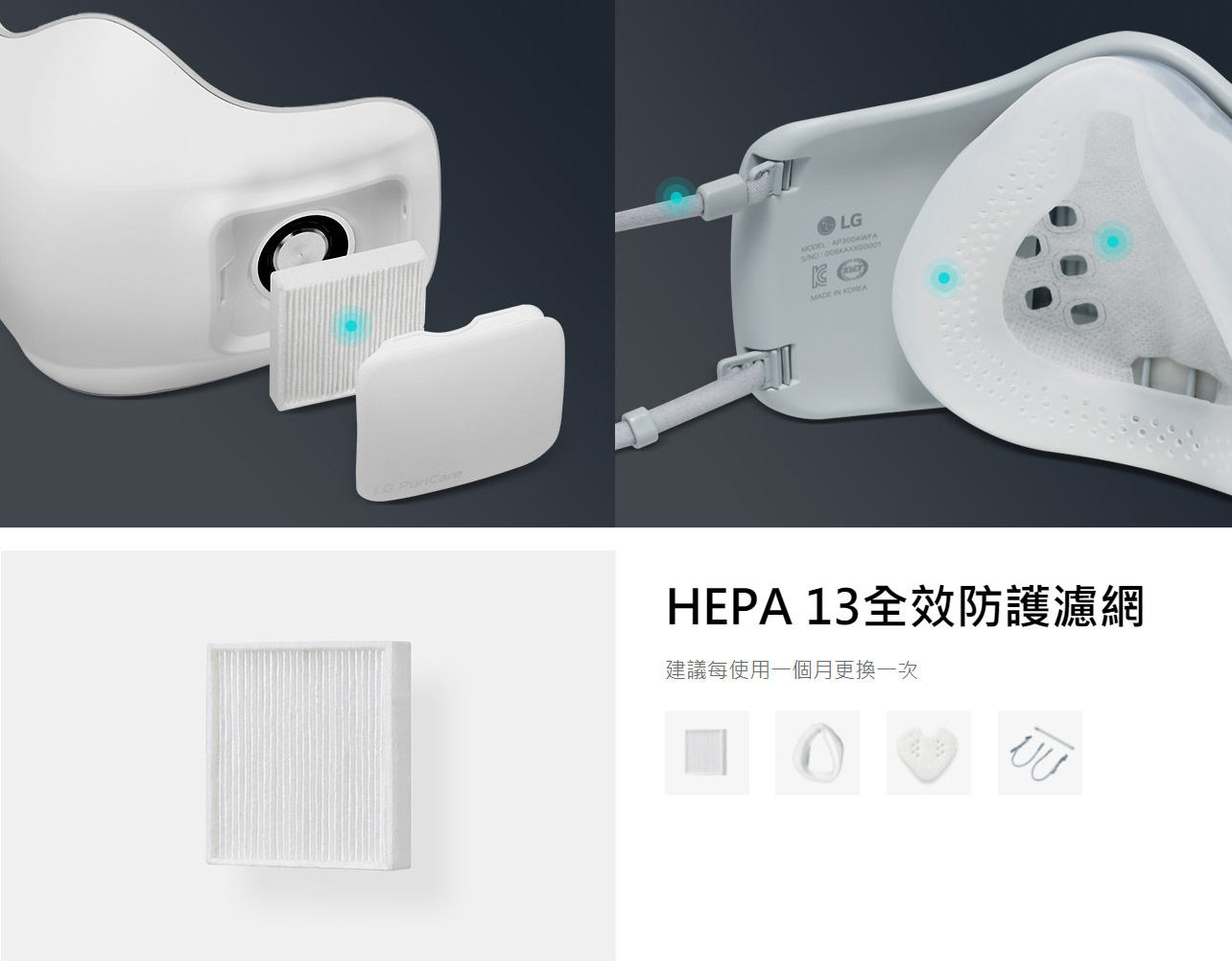 可更換配件以持續淨化空氣 根據需要更換配件以保持乾淨，供重複使用: HEPA 13全效防護濾網、替換式襯墊、可水洗面部貼合醫療級矽膠。