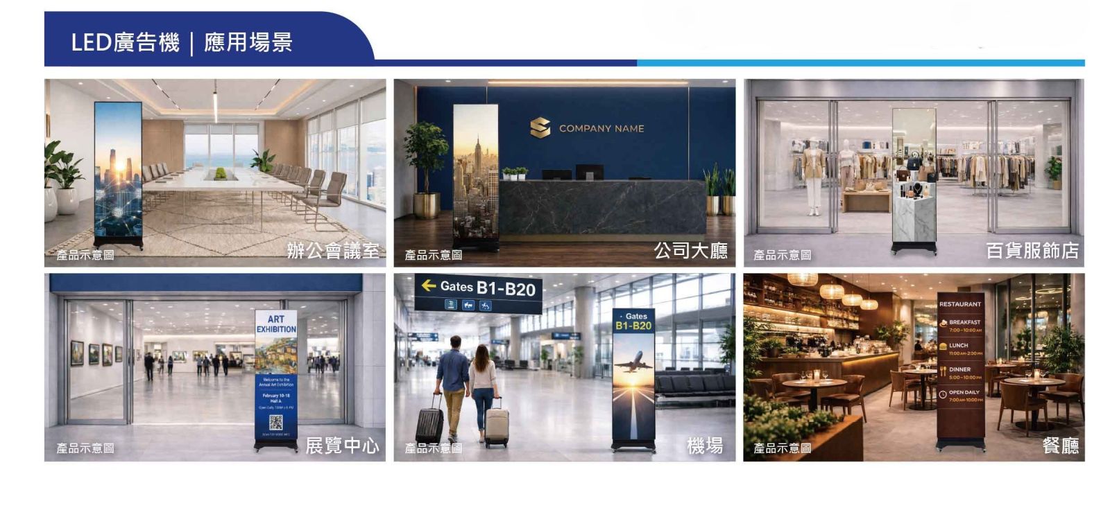 LED廣告機廣泛應用場景：會議室、展覽館、機場、品牌專櫃