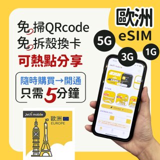 jetfi 歐洲聯遊eSIM 1GB／3GB／5GB