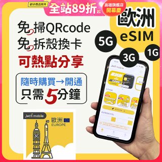 jetfi 歐洲聯遊eSIM 1GB／3GB／5GB
