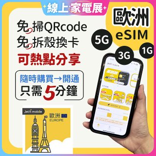 jetfi 歐洲聯遊eSIM 1GB／3GB／5GB