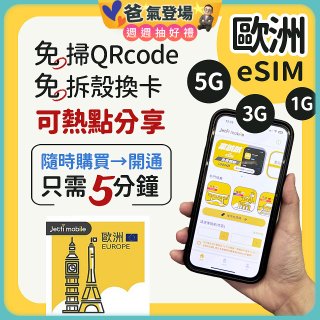 jetfi 歐洲聯遊eSIM 1GB／3GB／5GB