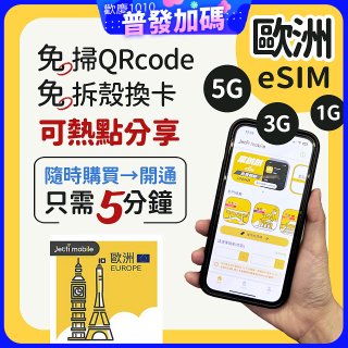 jetfi 歐洲聯遊eSIM 1GB／3GB／5GB
