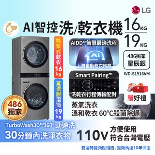 【限時下殺】486xLG獨家 WashTower™ AI智控洗乾衣機｜洗衣19公斤+乾衣16公斤 星辰銀 (WD-S1916VM)
