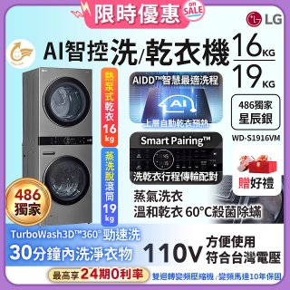 【加碼送】486xLG獨家 WashTower™ AI智控洗乾衣機｜洗衣19公斤+乾衣16公斤 星辰銀 (WD-S1916VM)