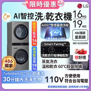 【下殺加碼送】486xLG獨家 WashTower™ AI智控洗乾衣機｜洗衣19公斤+乾衣16公斤 星辰銀 (WD-S1916VM)