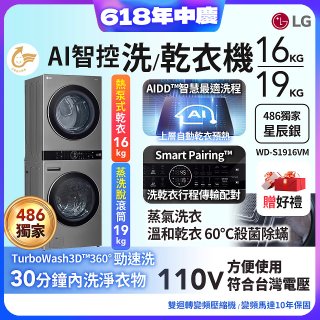 【下殺加碼送】486xLG獨家 WashTower™ AI智控洗乾衣機｜洗衣19公斤+乾衣16公斤 星辰銀 (WD-S1916VM)