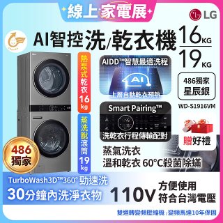【下殺加碼送】486xLG獨家 WashTower™ AI智控洗乾衣機｜洗衣19公斤+乾衣16公斤 星辰銀 (WD-S1916VM)