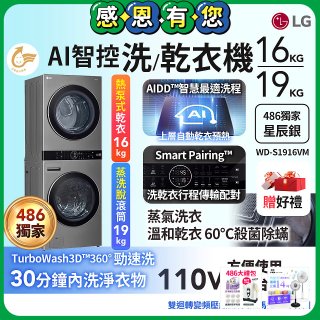 486xLG獨家 WashTower™ AI智控洗乾衣機｜洗衣19公斤+乾衣16公斤 星辰銀 (WD-S1916VM)