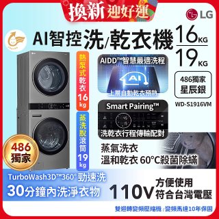 486xLG獨家 WashTower™ AI智控洗乾衣機｜洗衣19公斤+乾衣16公斤 星辰銀 (WD-S1916VM)