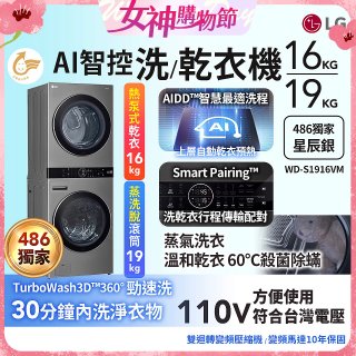 486xLG獨家 WashTower™ AI智控洗乾衣機｜洗衣19公斤+乾衣16公斤 星辰銀 (WD-S1916VM)
