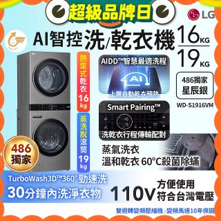 486xLG獨家 WashTower™ AI智控洗乾衣機｜洗衣19公斤+乾衣16公斤 星辰銀 (WD-S1916VM)