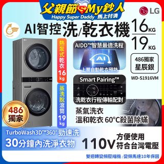 486xLG獨家 WashTower™ AI智控洗乾衣機｜洗衣19公斤+乾衣16公斤 星辰銀 (WD-S1916VM)