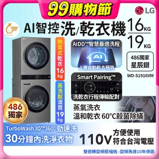 486xLG獨家 WashTower™ AI智控洗乾衣機｜洗衣19公斤+乾衣16公斤 星辰銀 (WD-S1916VM)