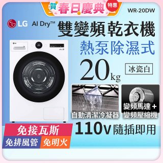 LG AI Dry™ 免曬衣乾衣機｜20公斤 (冰瓷白) WR-20DW