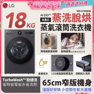 【母親節下殺加碼送】LG AI DD™蒸氣滾筒洗衣機 (蒸洗脫烘)｜18公斤｜WD-S18NDB (夜墨灰)