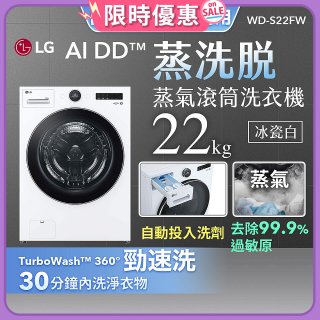 【送一年份日本洗衣精】LG AI DD™蒸氣滾筒洗衣機 (蒸洗脫)｜22公斤｜WD-S22FW (冰瓷白)