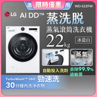 【送一年份日本洗衣精】LG AI DD™蒸氣滾筒洗衣機 (蒸洗脫)｜22公斤｜WD-S22FW (冰瓷白)