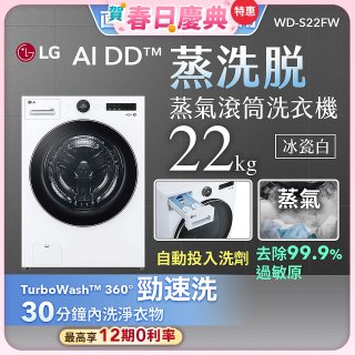 【送一年份日本洗衣精】LG AI DD™蒸氣滾筒洗衣機 (蒸洗脫)｜22公斤｜WD-S22FW (冰瓷白)