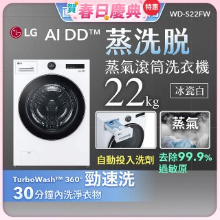 【送一年份日本洗衣精】LG AI DD™蒸氣滾筒洗衣機 (蒸洗脫)｜22公斤｜WD-S22FW (冰瓷白)