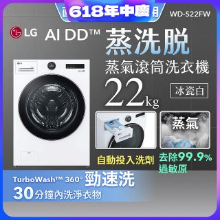 【送一年份日本洗衣精】LG AI DD™蒸氣滾筒洗衣機 (蒸洗脫)｜22公斤｜WD-S22FW (冰瓷白)