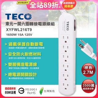 TECO 一開六插9尺轉接電源線組 XYFWL216T9