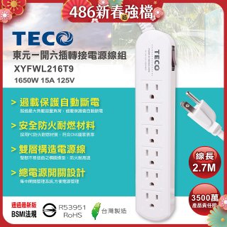 TECO 一開六插9尺轉接電源線組 XYFWL216T9
