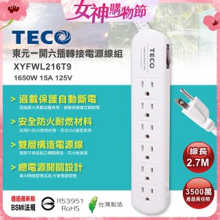 TECO 一開六插9尺轉接電源線組 XYFWL216T9