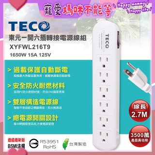 TECO 一開六插9尺轉接電源線組 XYFWL216T9