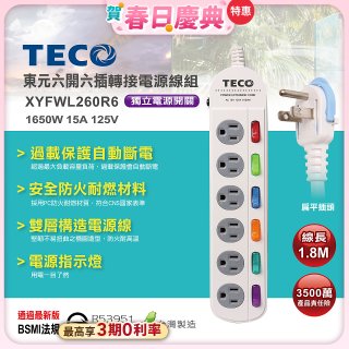 TECO 六開六插6尺轉接電源線組 XYFWL260R6