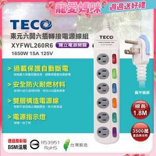 TECO 六開六插6尺轉接電源線組 XYFWL260R6