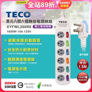 TECO 六開六插6尺轉接電源線組 XYFWL260R6