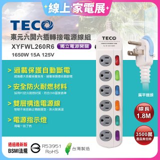 TECO 六開六插6尺轉接電源線組 XYFWL260R6