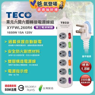 TECO 六開六插6尺轉接電源線組 XYFWL260R6
