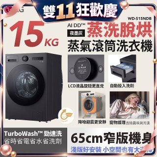 【送一年份日本洗衣精】LG AI DD™蒸氣滾筒洗衣機 (蒸洗脫烘)｜15公斤｜WD-S15NDB (夜墨灰)