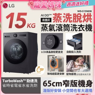 【母親節下殺加碼送】LG AI DD™蒸氣滾筒洗衣機 (蒸洗脫烘)｜15公斤｜WD-S15NDB (夜墨灰)