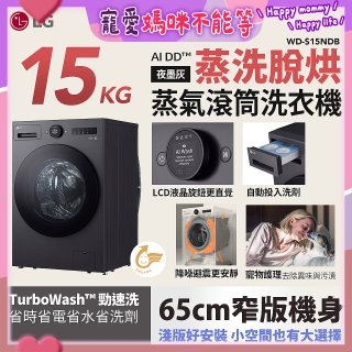 LG AI DD™蒸氣滾筒洗衣機 (蒸洗脫烘)｜15公斤｜WD-S15NDB (夜墨灰)