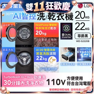【送日本洗衣精組+烘衣球】LG WashTower™ AI智控洗乾衣機｜洗衣22公斤+乾衣20公斤 尊爵黑 (WD-S2220B)