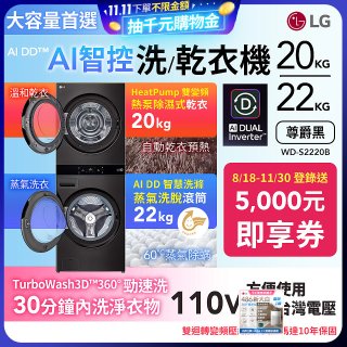LG WashTower™ AI智控洗乾衣機｜洗衣22公斤+乾衣20公斤 尊爵黑 (WD-S2220B)
