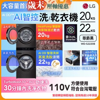 LG WashTower™ AI智控洗乾衣機｜洗衣22公斤+乾衣20公斤 尊爵黑 (WD-S2220B)