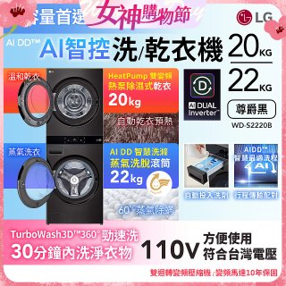 LG WashTower™ AI智控洗乾衣機｜洗衣22公斤+乾衣20公斤 尊爵黑 (WD-S2220B)