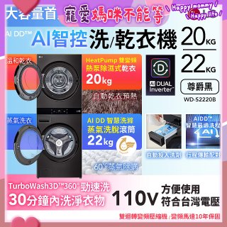 LG WashTower™ AI智控洗乾衣機｜洗衣22公斤+乾衣20公斤 尊爵黑 (WD-S2220B)