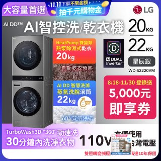 LG WashTower™ AI智控洗乾衣機｜洗衣22公斤+乾衣20公斤 星辰銀 (WD-S2220VM)
