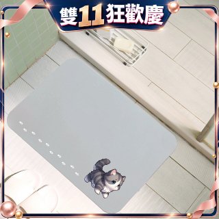 【日竹門】頂級軟式珪藻土吸水地墊-貓咪夜光(60*40cm) 尖耳灰紋