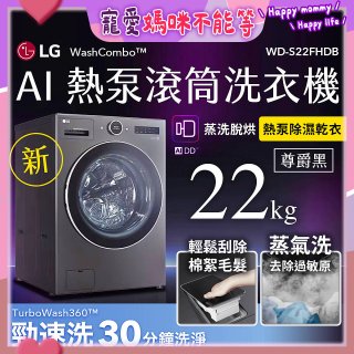 LG 22公斤 WashCombo™ AI 熱泵滾筒洗衣機｜熱泵除濕 |尊爵黑｜AI DD™ 蒸洗脫烘 (WD-S22FHDB)